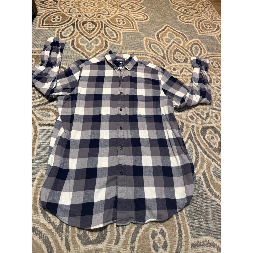 Club Room Mens Large Navy Grey White Buffalo Plaid Flannel Button Down Shirt L